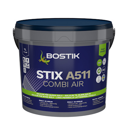 Hink med Bostik STIX A511 Combi Air golvlim, 1 liter, blå och grå etikett med produktinformation och logotyper.