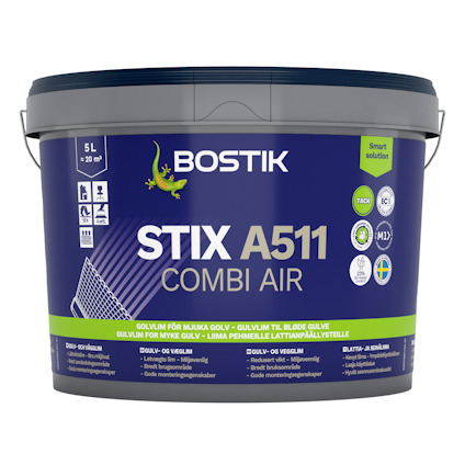 Klibburk med Bostik STIX A511 Combi Air golvlim, etikett med produktinformation på flera språk.