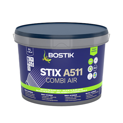 Plastburk med lock, innehållande Bostik STIX A511 COMBI AIR, grön text och logotyp, 5 liter.
