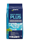 Blå påse med texten "Bostik Multi Grout Plus". Förpackningen har en bild av en kakelvägg och en geckoödla. Innehåll: 5 kg.