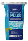 Förpackning med Bostik Multi Grout Plus, 20 kg, i blå och grön design med logotyp, en ödla och grafik som visar kakelplattor.
