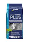 Förpackning med Bostik Flex Grout Plus 5kg, innehållande cementbaserad fogmassa. Ormödla grafik och text på blå och grön bakgrund.
