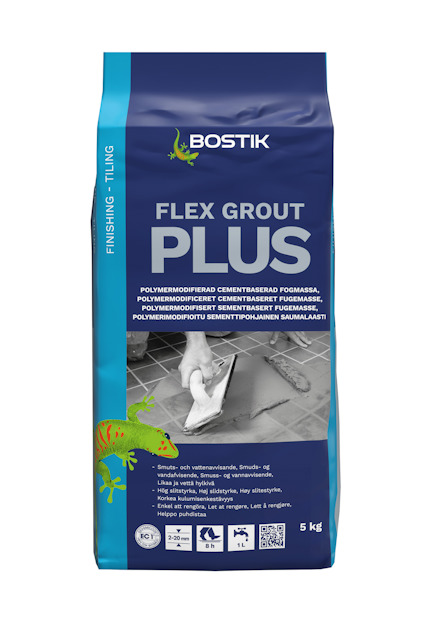 Förpackning med Bostik Flex Grout Plus 5kg, innehållande cementbaserad fogmassa. Ormödla grafik och text på blå och grön bakgrund.