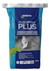 Förpackning med Bostik Flex Grout Plus i blå och grå färgschema, text på påsen och illustration av en ödla.