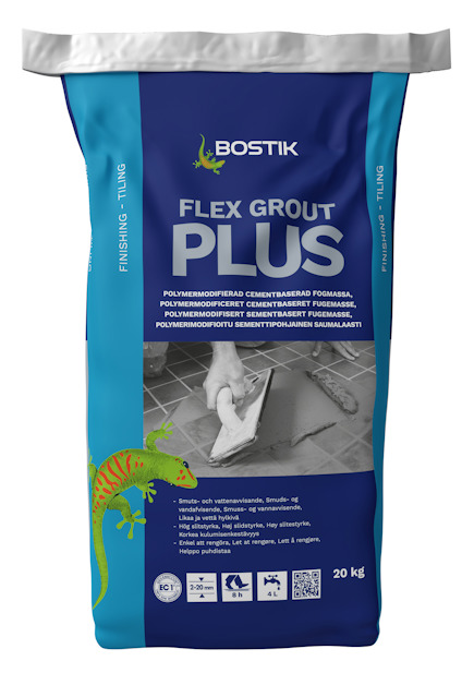 Förpackning med Bostik Flex Grout Plus i blå och grå färgschema, text på påsen och illustration av en ödla.