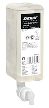 Rektangulär behållare med etikett text "KATRIN Foam Soap Green 1000 ml" och vit pump på undersidan.