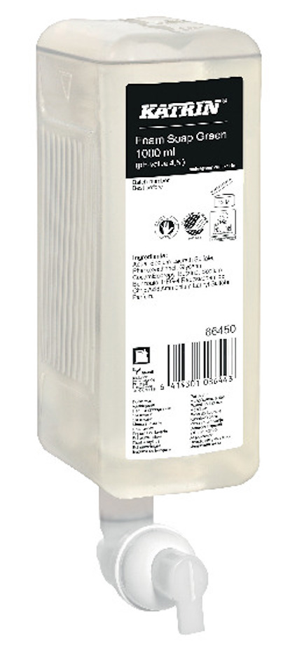 Rektangulär behållare med etikett text "KATRIN Foam Soap Green 1000 ml" och vit pump på undersidan.