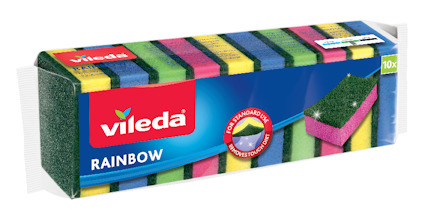 Förpackning med Vileda Rainbow skrubbsvampar i olika färger, etikett med texten "Vileda Rainbow".