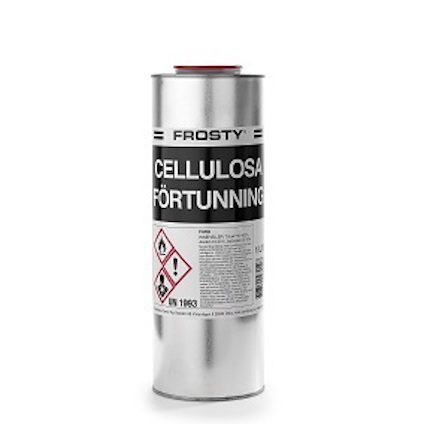Aluminiumflaska med etikett som lyder "Frosty Cellulosaförtunning." Varningssymboler synliga.