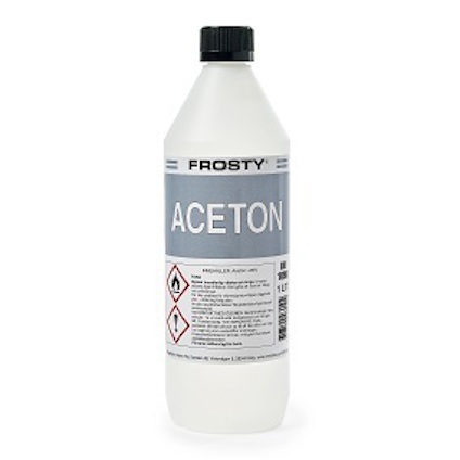 Plastflaska med etikett märkt "ACETON FROSTY" och varningssymboler.