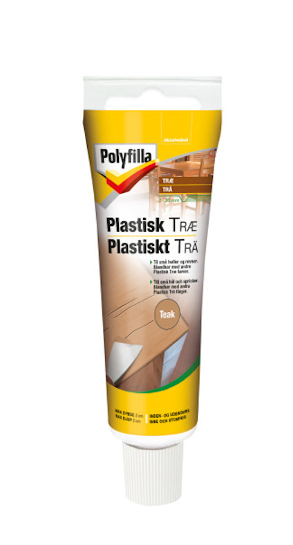 Tub med plastiskt trä av märket Polyfilla, etikett i gult och brunt med texten "Plastiskt Trä Teak".