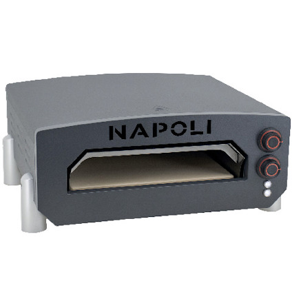 Elektrisk pizzaugn med grå hölje och texten "NAPOLI" på framsidan. Två kontroller syns till höger.