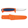 Kniv med orange och blått handtag, samt matchande orange slida.
