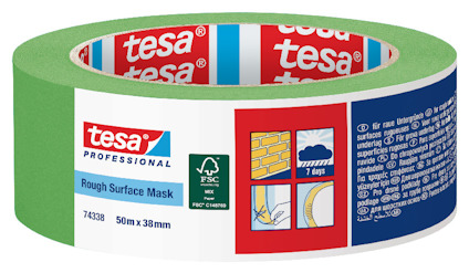 Grön och blå maskeringstejp från märket "tesa" med etikett och symboler för applicering på grova ytor.