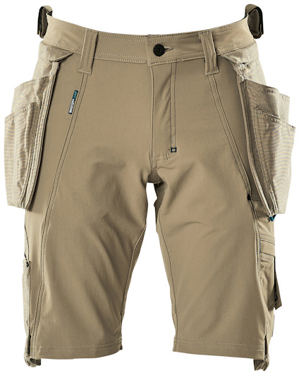 Ljuskakifärgade arbetsshorts med flera fickor och hällor för verktyg. Knappar och blixtlås framtill.