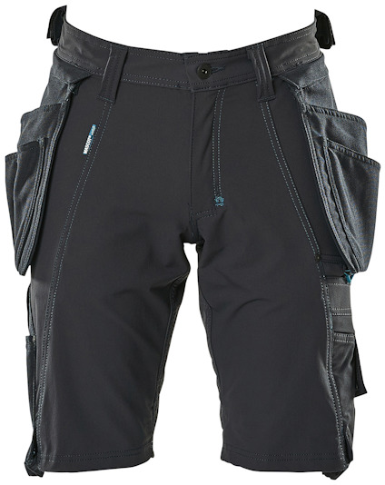 Mörkblå shorts med flera fickor och hällor, designade för arbetsbruk.