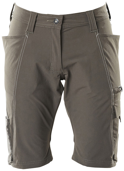 Mörkgrå shorts med flera fickor och bältesöglor, stängda med knapp och dragkedja.