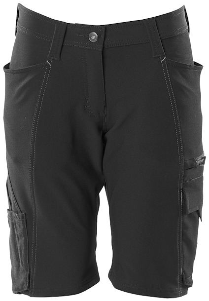 Svarta arbetsshorts med flera fickor, bälteshällor och knapp i midjan.