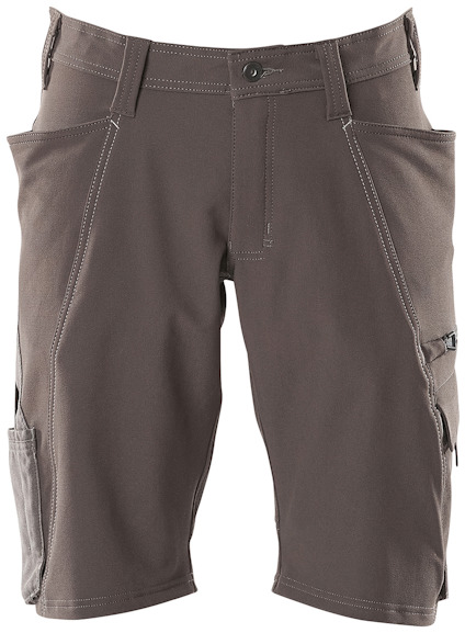 Mörkgrå shorts med flera fickor och bältesöglor. Synliga sömmar och knappstängning framtill.