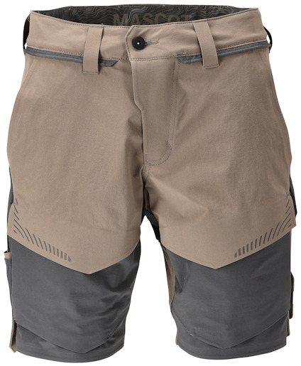 Arbetsshorts i mörk sand och stengrått med fickor och bälteshällor.