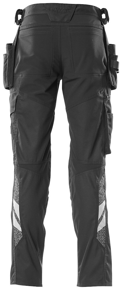 Svart motorcykelbyxa med reflexdetaljer och flera fickor, sett bakifrån.