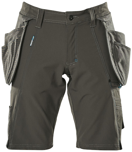 Mörk antracitfärgade arbetsshorts med praktiska fickor och hällor, stängs med knapp och dragkedja framtill.