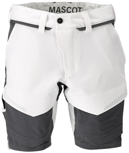 Vita och stengråa shorts med fickor och mörka detaljer vid midjan och benen. Märket MASCOT syns i linningen.
