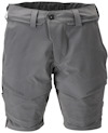 Grå arbetsshorts med bältesöglor, knapp och dragkedja framtill, samt förstärkta knäpartier.