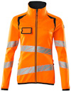 Orange jacka med svarta detaljer och reflekterande ränder, dragkedja framtill.