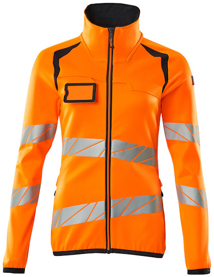 Orange jacka med svarta detaljer och reflekterande ränder, dragkedja framtill.