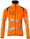 Orange jacka med reflekterande ränder och mörkblå detaljer på axlarna och insidan av kragen.