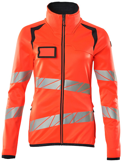 Röd och mörk marin high-visibility jacka med reflexdetaljer och svart dragkedja.