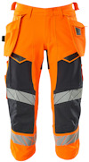 Arbetsbyxa i hi-vis orange med mörkblå detaljer och reflexband på benen. Flera fickor och verktygshållare.