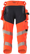 Orange arbetsbyxor med reflexband och fickor, märkt "MASCOT SAFE".
