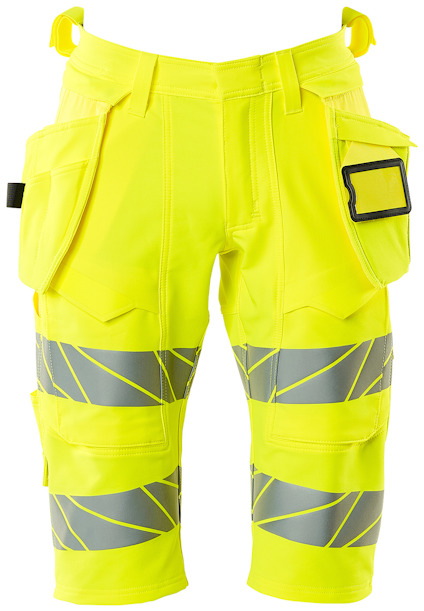 Korta arbetsshorts i neongult med reflexdetaljer och flera fickor.