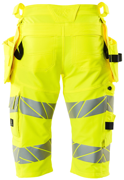 Gula arbetsshorts med reflexband och verktygsfickor bakifrån.