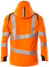 Orange varseljacka med grå reflexband och huva, sedd bakifrån. Svarta fält på axlar och ärmar.