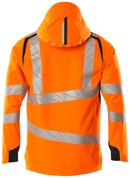 Orange varseljacka med grå reflexband och huva, sedd bakifrån. Svarta fält på axlar och ärmar.