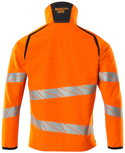 Orange säkerhetsjacka med reflexband och texten "MASCOT SAFE" på kragen.