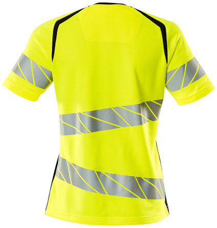 Reflexjacka i neongult med diagonala grå och reflexband. Svarta detaljer vid axlarna.