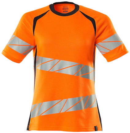 Orange och mörkblå t-shirt med reflekterande ränder i ett diagonalt mönster.
