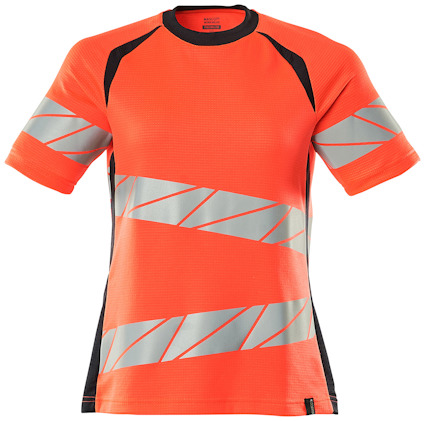 Orange T-shirt med reflekterande silverfärgade ränder och svarta detaljer på axlar och sidor.