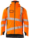 Orange jacka med mörkblå detaljer och reflexband i diagonalt mönster. Jackan har dragkedja och hög krage.