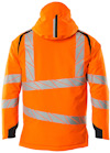 Orange jacka med huva och reflekterande grå ränder på rygg och ärmar.