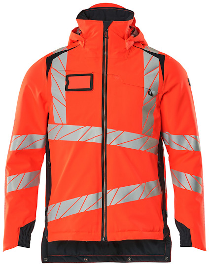 Orange och mörk marin jacka med reflexdetaljer och dragkedja fram.