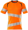 Orange t-shirt med svarta detaljer och diagonala reflektionsband.