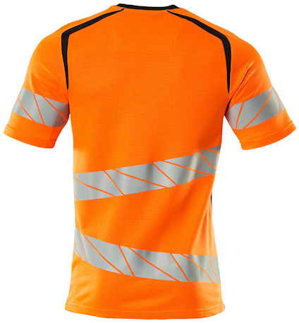 Orange t-shirt med reflekterande diagonala och horisontella grå ränder.