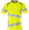 Kortärmad hi-vis gul t-shirt med svarta detaljer och reflexband i diagonalt mönster.