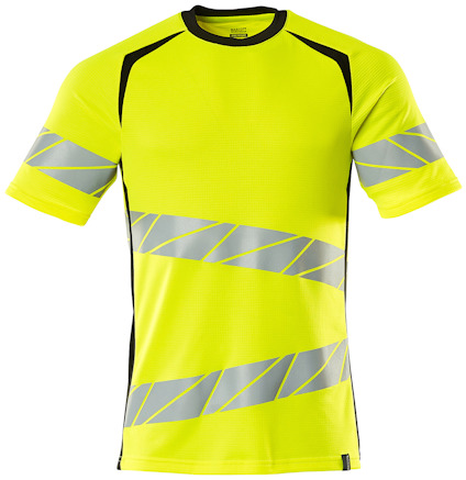 Kortärmad hi-vis gul t-shirt med svarta detaljer och reflexband i diagonalt mönster.