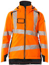 Orange jacka med mörk marinblå detaljer och reflexband. Jackan har fickor och dragkedja fram.